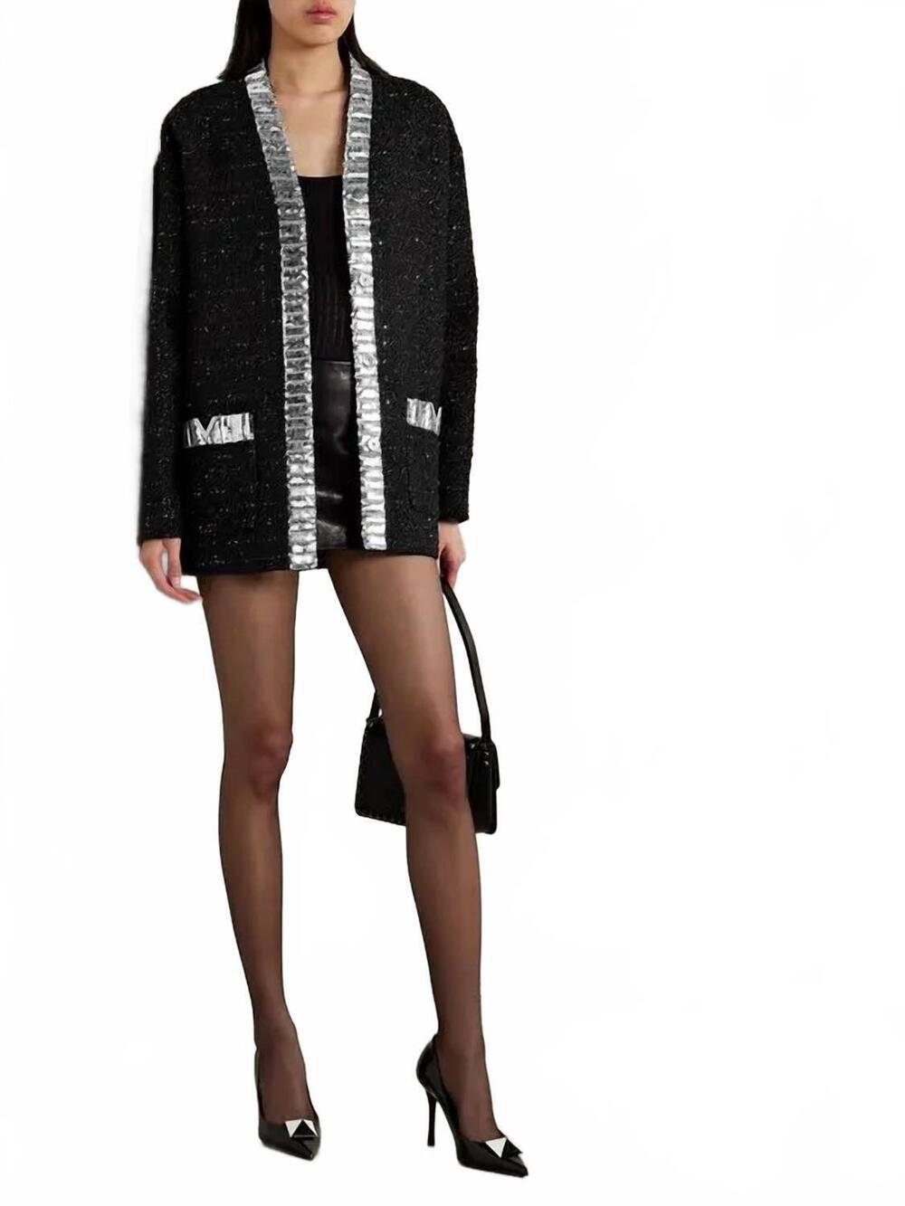 NEW VALENTINO GARAVANI embellished metallic tweed jacket in nero lurex/silver